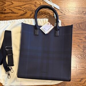 Burberry Black Navy Plaid Leather-Trim slim Denny Messenger Tote